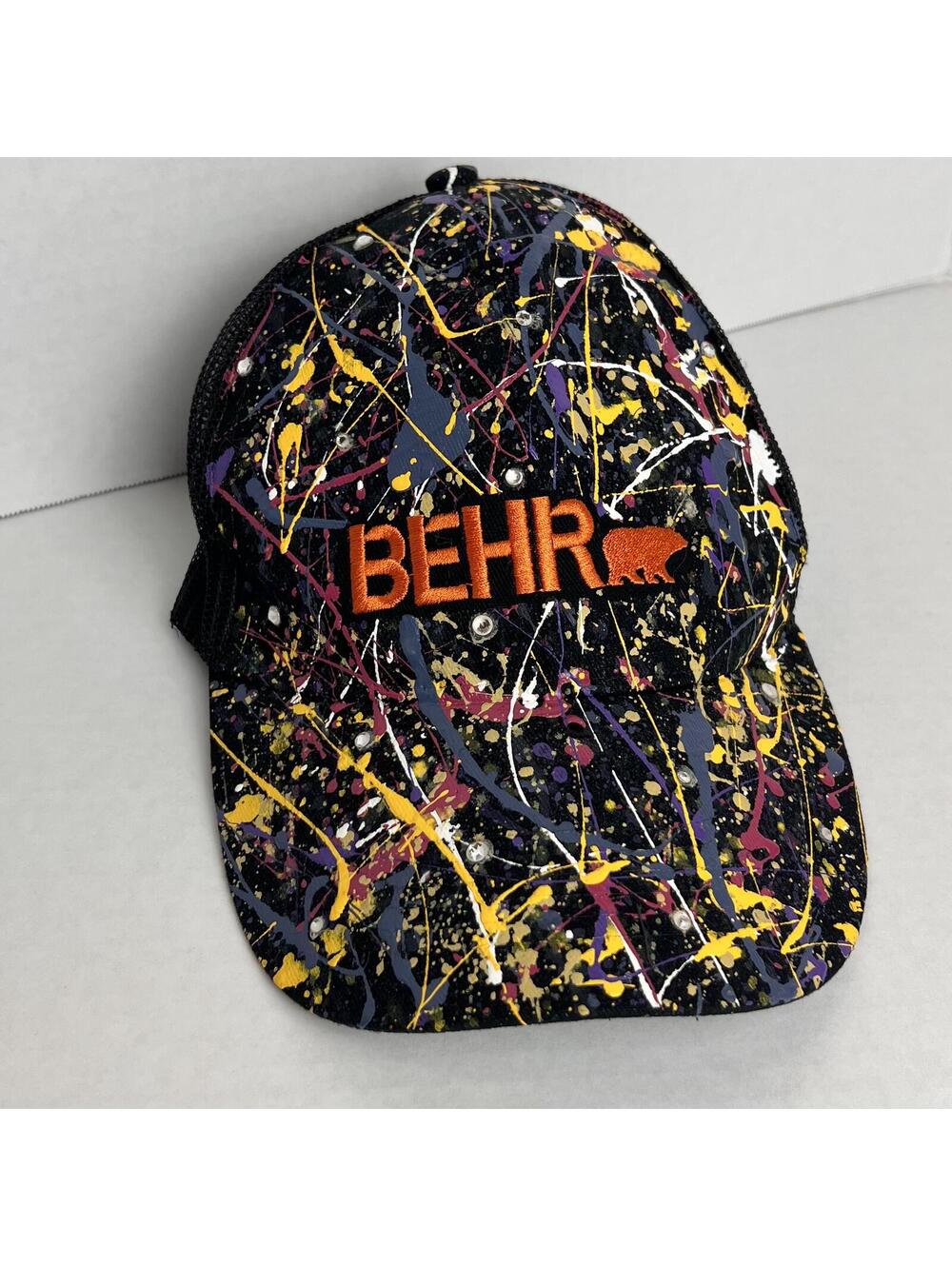 Behr paint-branded black trucker hat colorful paint splatter/rhinestone design